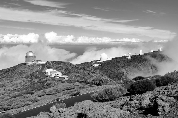 DSCF0053bw 
 Astronomical Observatories, seen from the highest point in the centre of La Palma, Canary Islands 
 Keywords: La Palma, Canaries, Canary Islands, Opservatories, Telescopes